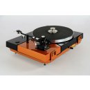 Restaurierter Thorens TD-320, halbautomatischer Plattenspieler, Gehäuse in bicolor schwarz-orange metallic, Hochglanzlackierung