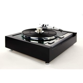 Restaurierter Thorens TD 125 MKII mit SME 3009 Tonarm, schwarzes Gehäuse,  grün marmorierte Deckplatte