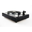 Restored Thorens TD 147 semi-automatic record player chassis with black birds eye veneer high gloss
