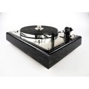Restored Thorens TD 147 semi-automatic record player chassis with black birds eye veneer high gloss