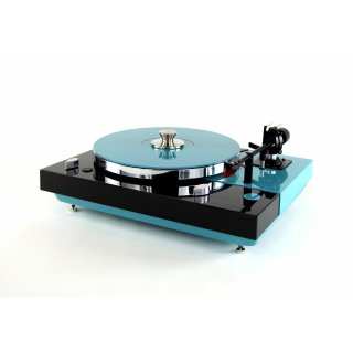 Restaurierter Thorens TD 318 oder TD 320 halbautomatischer Plattenspieler schwarz und himmelblau